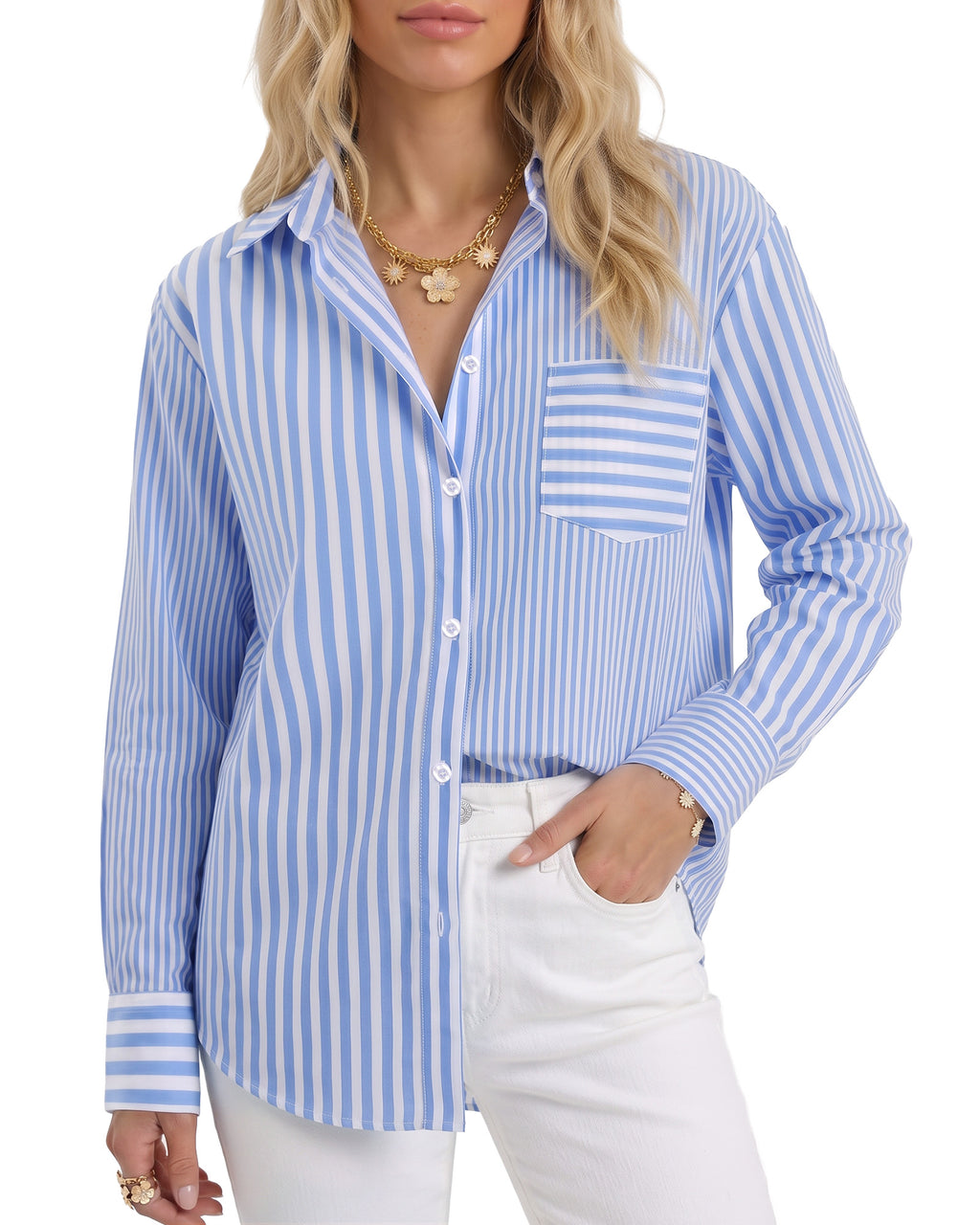 MANGOPOP Striped Button-Down Long-Sleeve Relaxed Fit Blouse Blue-and-white