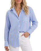 MANGOPOP Striped Button-Down Long-Sleeve Relaxed Fit Blouse Blue-and-white