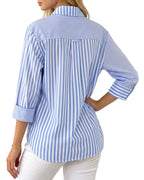 MANGOPOP Striped Button-Down Long-Sleeve Relaxed Fit Blouse Blue-and-white