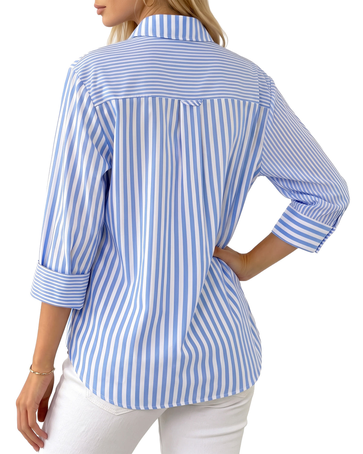 MANGOPOP Striped Button-Down Long-Sleeve Relaxed Fit Blouse Blue-and-white