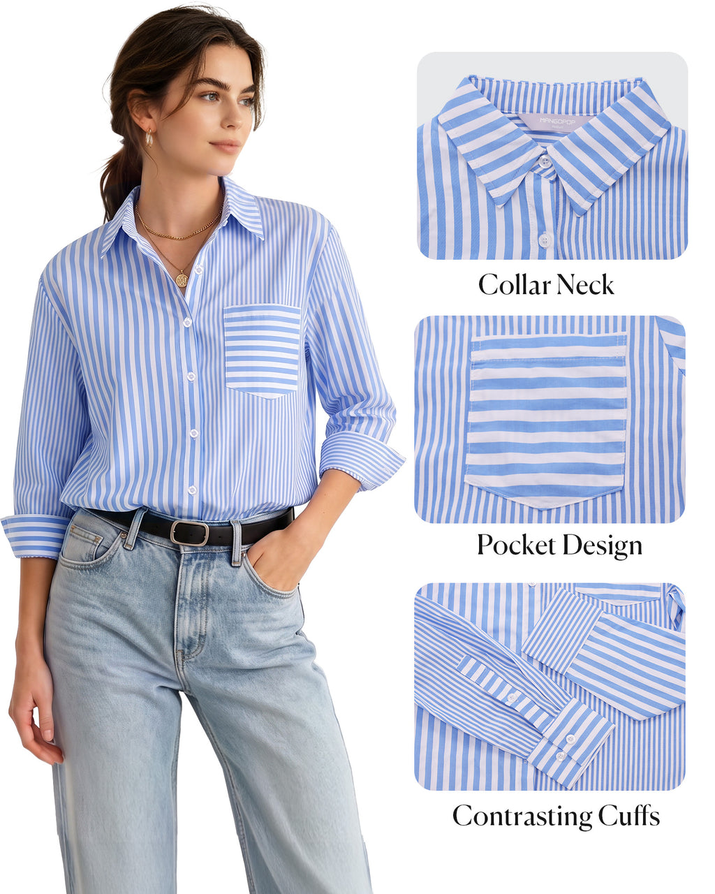 MANGOPOP Striped Button-Down Long-Sleeve Relaxed Fit Blouse Blue-and-white