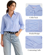 MANGOPOP Striped Button-Down Long-Sleeve Relaxed Fit Blouse Blue-and-white