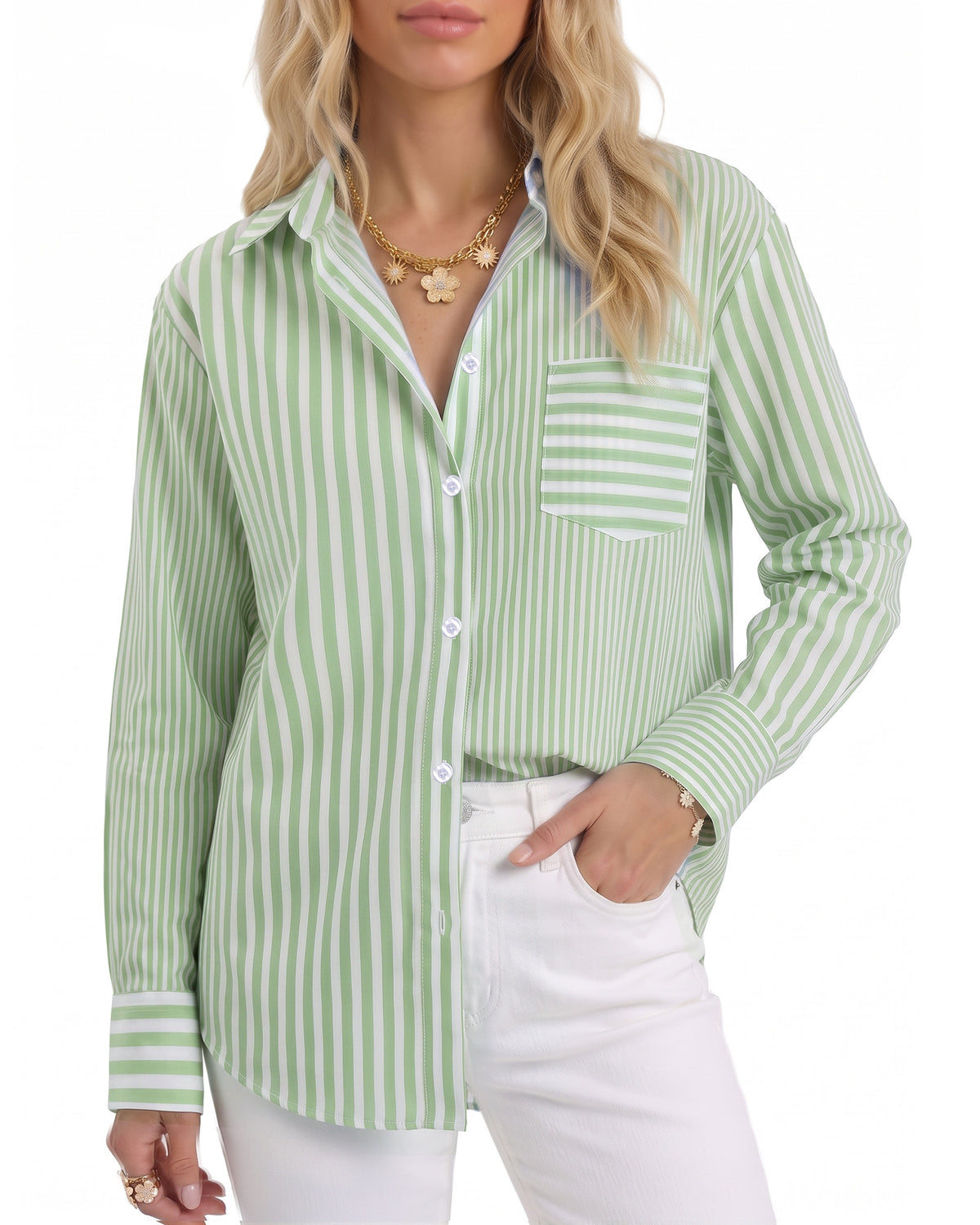 MANGOPOP Striped Button-Down Long-Sleeve Relaxed Fit Blouse Green-and-white