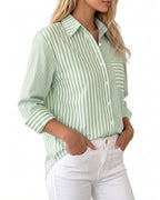 MANGOPOP Striped Button-Down Long-Sleeve Relaxed Fit Blouse Green-and-white