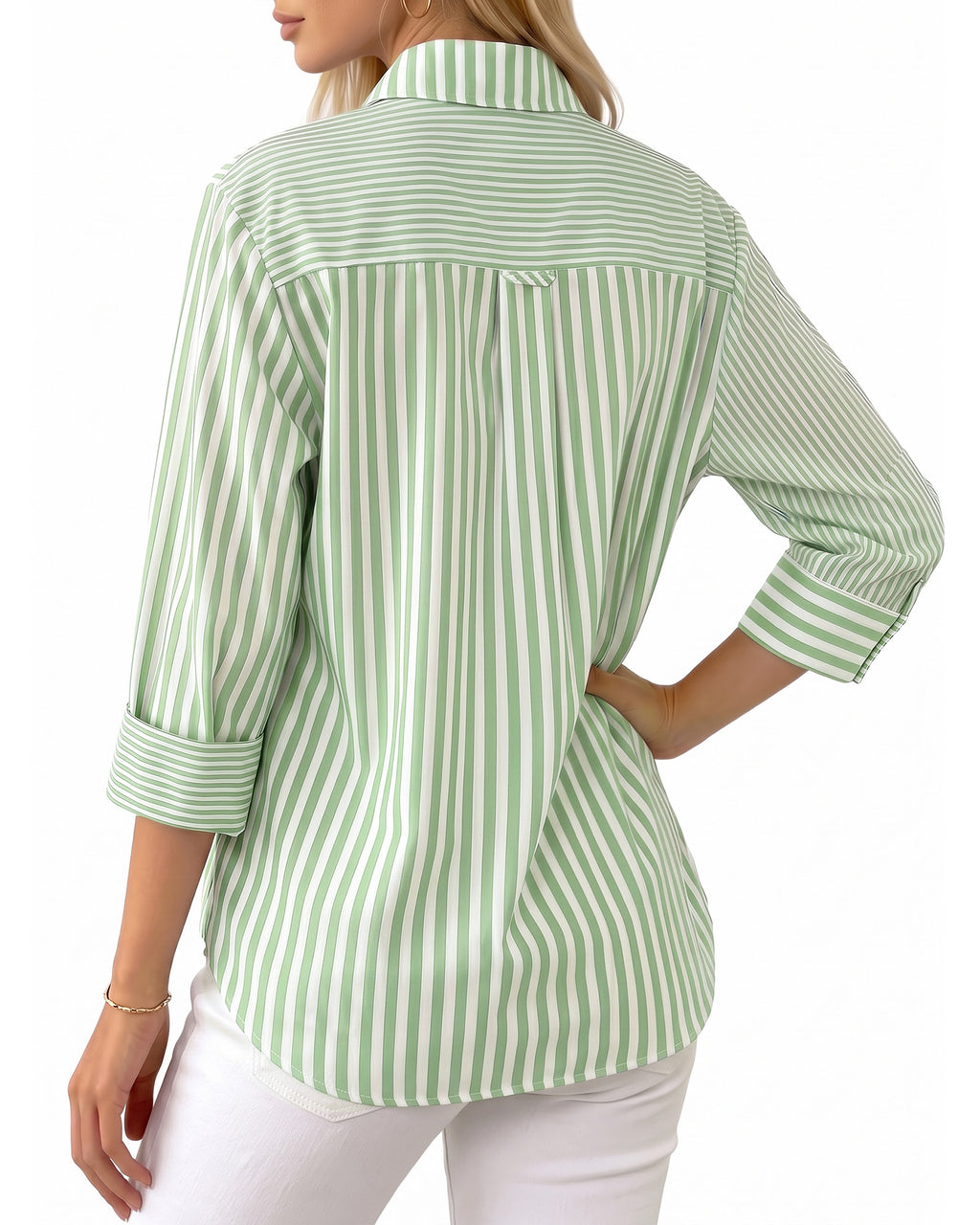MANGOPOP Striped Button-Down Long-Sleeve Relaxed Fit Blouse Green-and-white