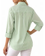 MANGOPOP Striped Button-Down Long-Sleeve Relaxed Fit Blouse Green-and-white