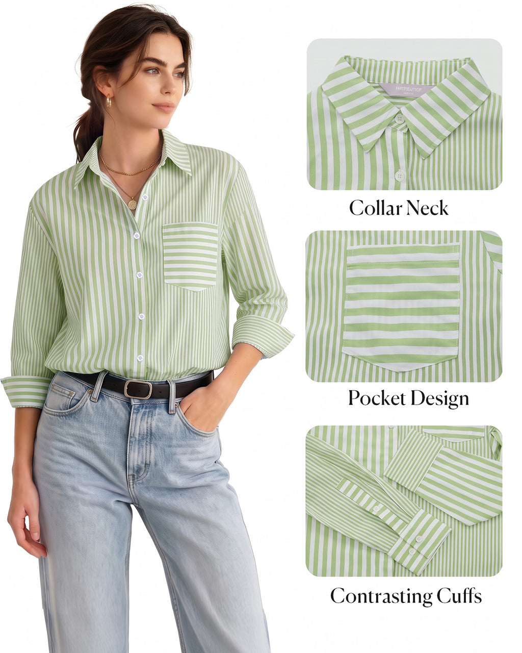 MANGOPOP Striped Button-Down Long-Sleeve Relaxed Fit Blouse Green-and-white