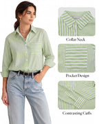 MANGOPOP Striped Button-Down Long-Sleeve Relaxed Fit Blouse Green-and-white