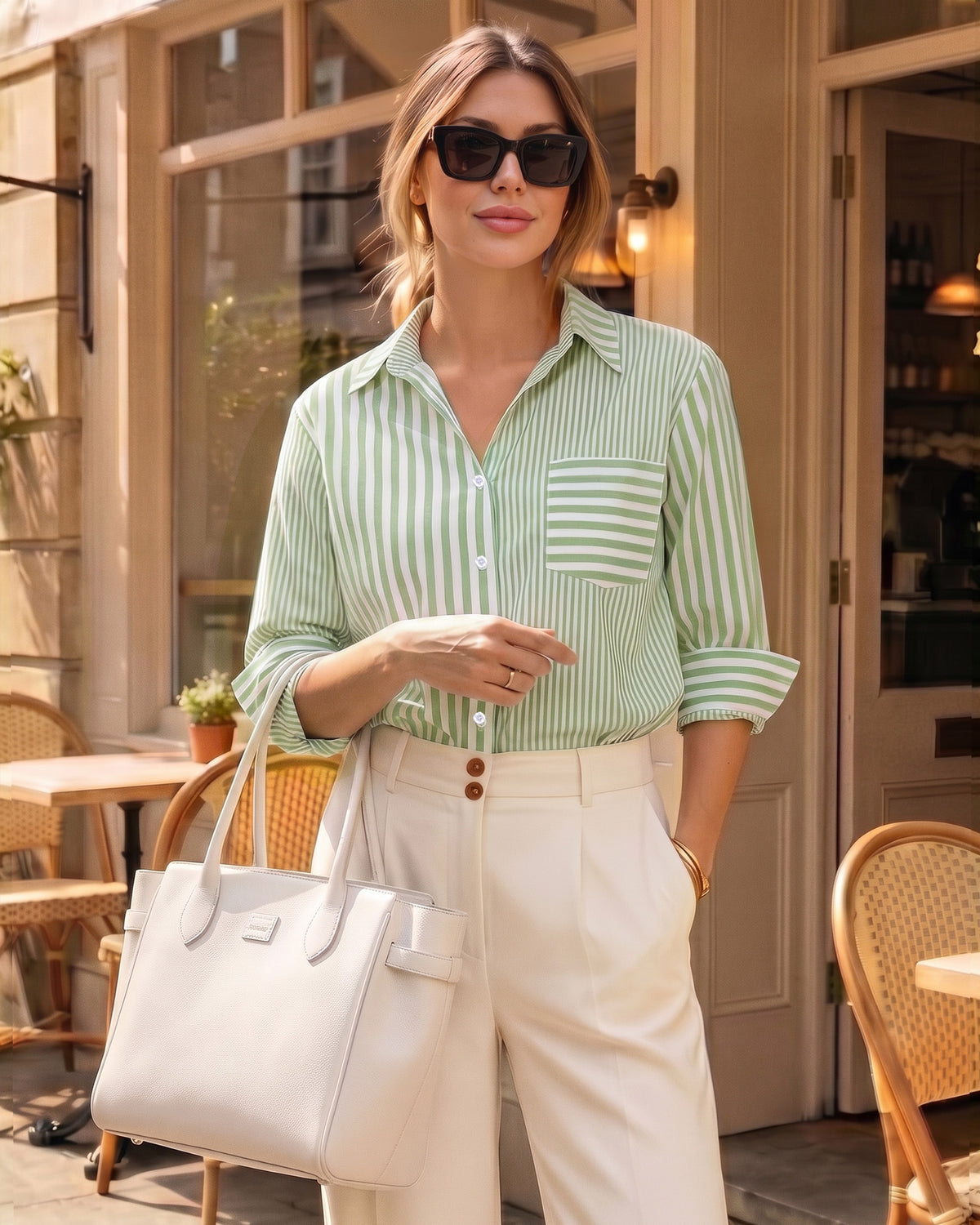 MANGOPOP Striped Button-Down Long-Sleeve Relaxed Fit Blouse Green-and-white