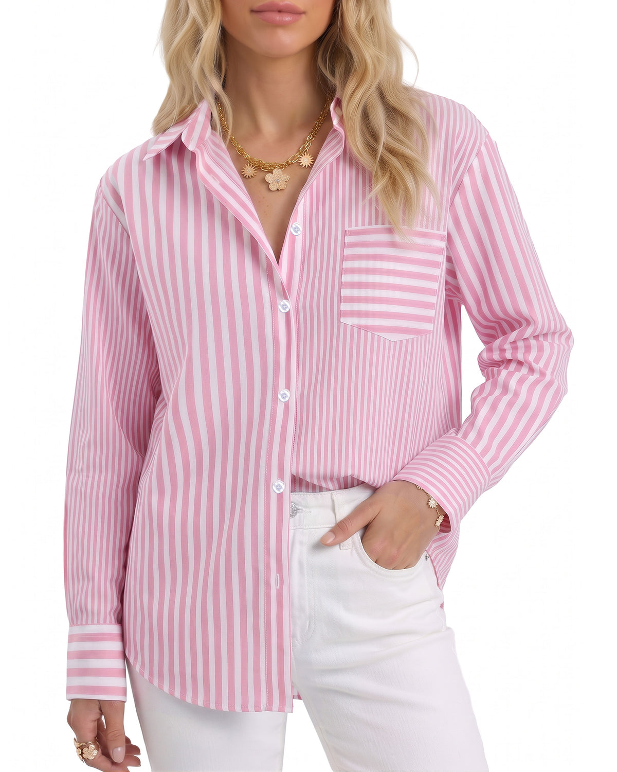 MANGOPOP Striped Button-Down Long-Sleeve Relaxed Fit Blouse Pink-and-white
