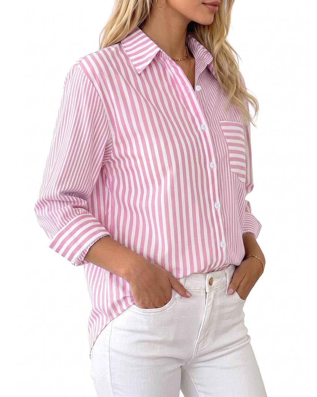 MANGOPOP Striped Button-Down Long-Sleeve Relaxed Fit Blouse Pink-and-white