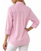 MANGOPOP Striped Button-Down Long-Sleeve Relaxed Fit Blouse Pink-and-white