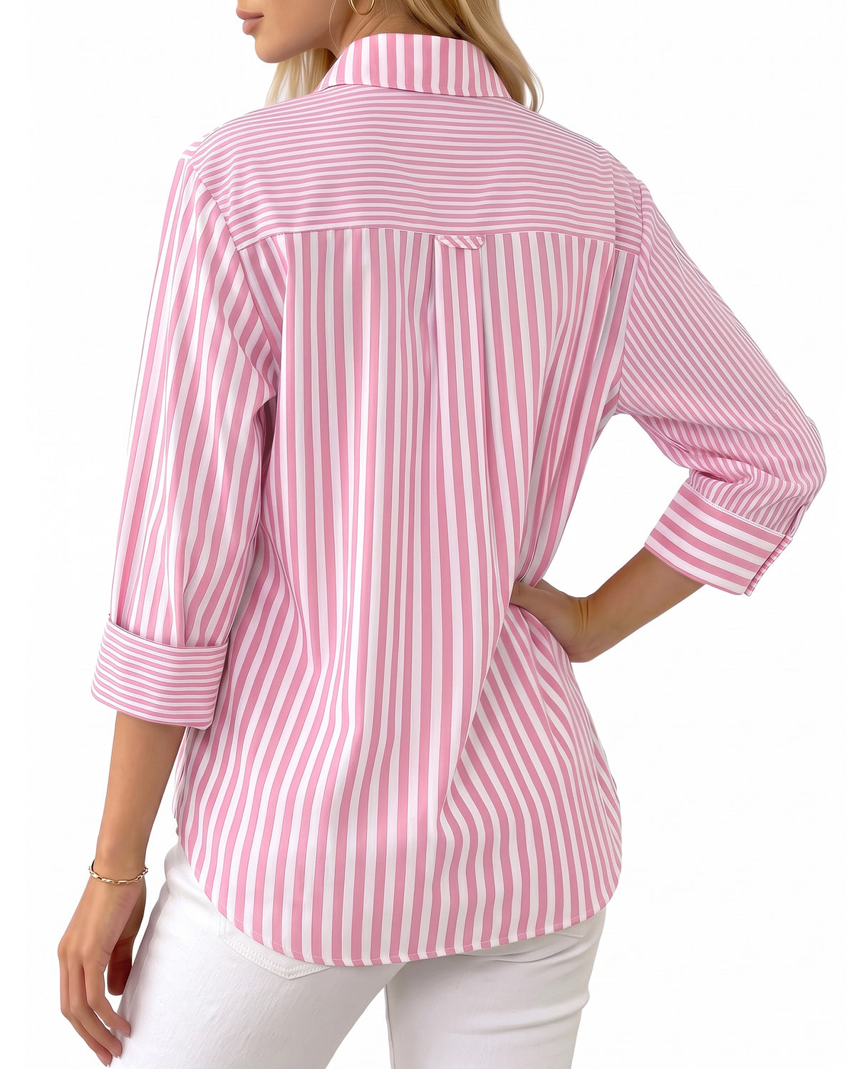 MANGOPOP Striped Button-Down Long-Sleeve Relaxed Fit Blouse Pink-and-white