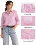 MANGOPOP Striped Button-Down Long-Sleeve Relaxed Fit Blouse Pink-and-white