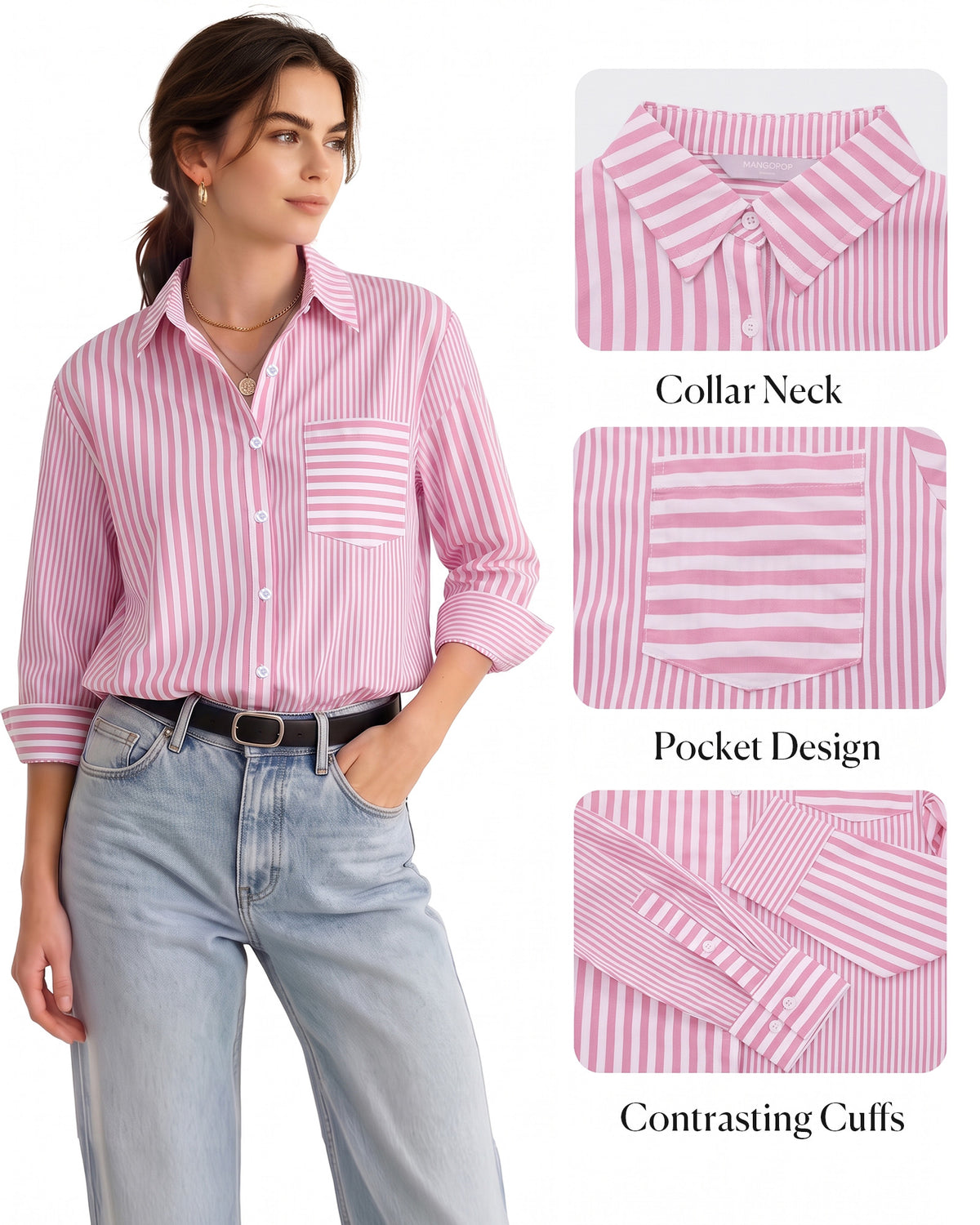MANGOPOP Striped Button-Down Long-Sleeve Relaxed Fit Blouse Pink-and-white