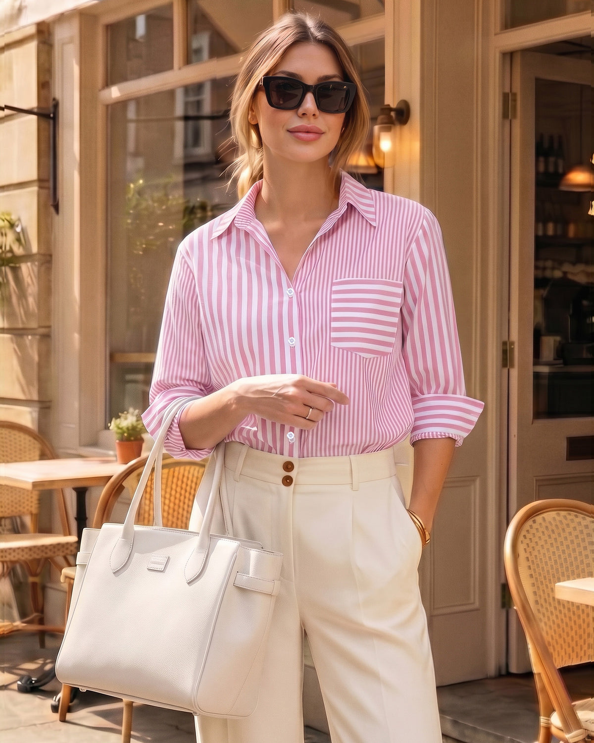 MANGOPOP Striped Button-Down Long-Sleeve Relaxed Fit Blouse Pink-and-white
