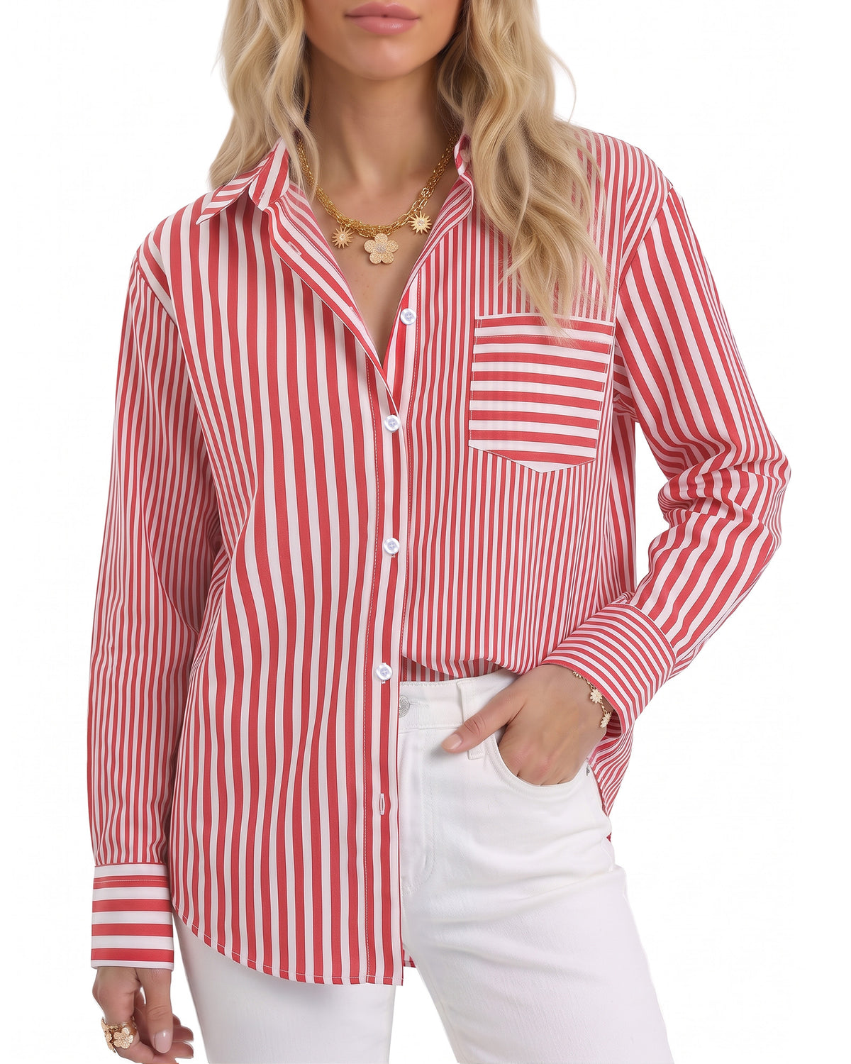 MANGOPOP Striped Button-Down Long-Sleeve Relaxed Fit Blouse Red-and-white