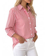 MANGOPOP Striped Button-Down Long-Sleeve Relaxed Fit Blouse Red-and-white