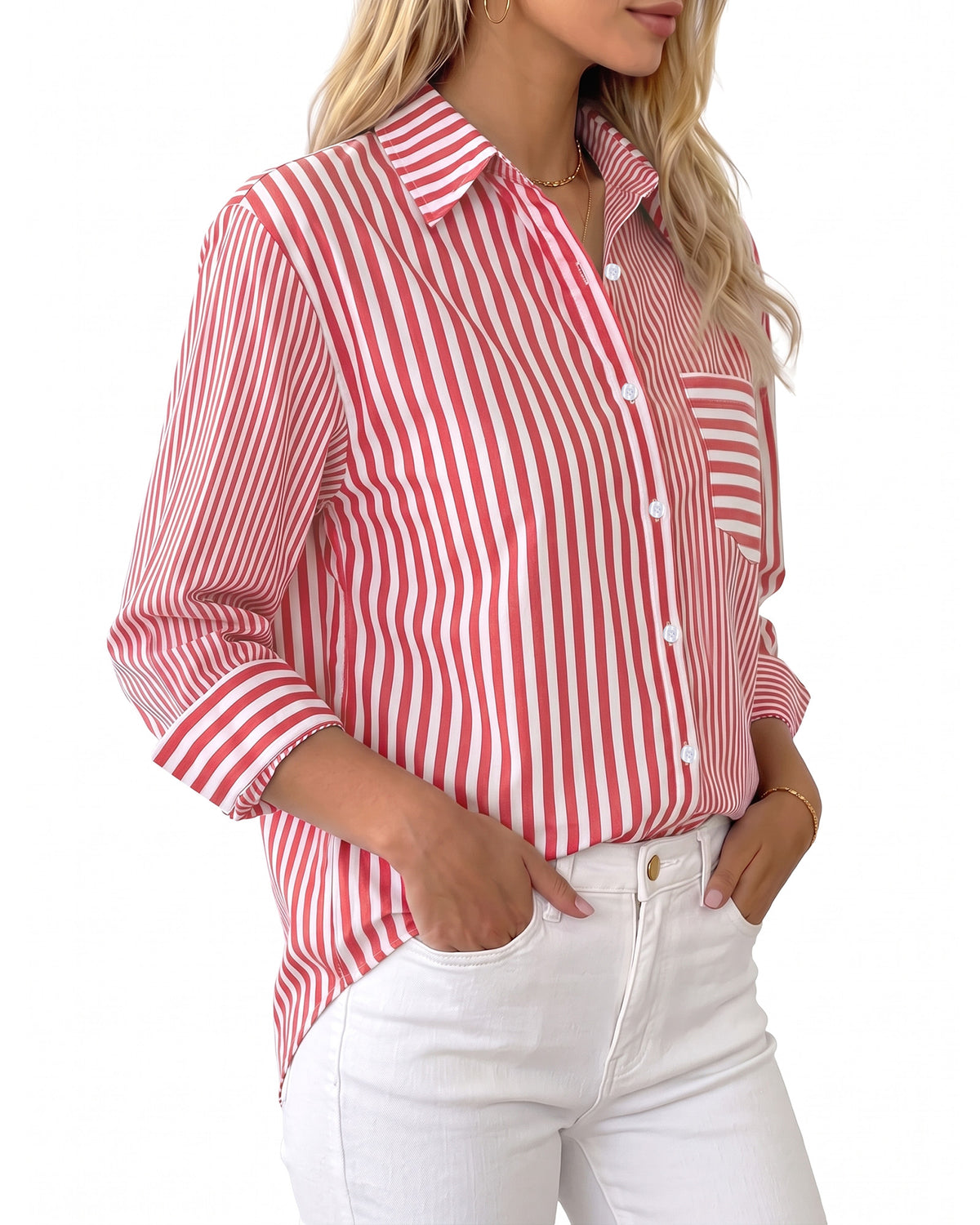 MANGOPOP Striped Button-Down Long-Sleeve Relaxed Fit Blouse Red-and-white