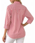 MANGOPOP Striped Button-Down Long-Sleeve Relaxed Fit Blouse Red-and-white