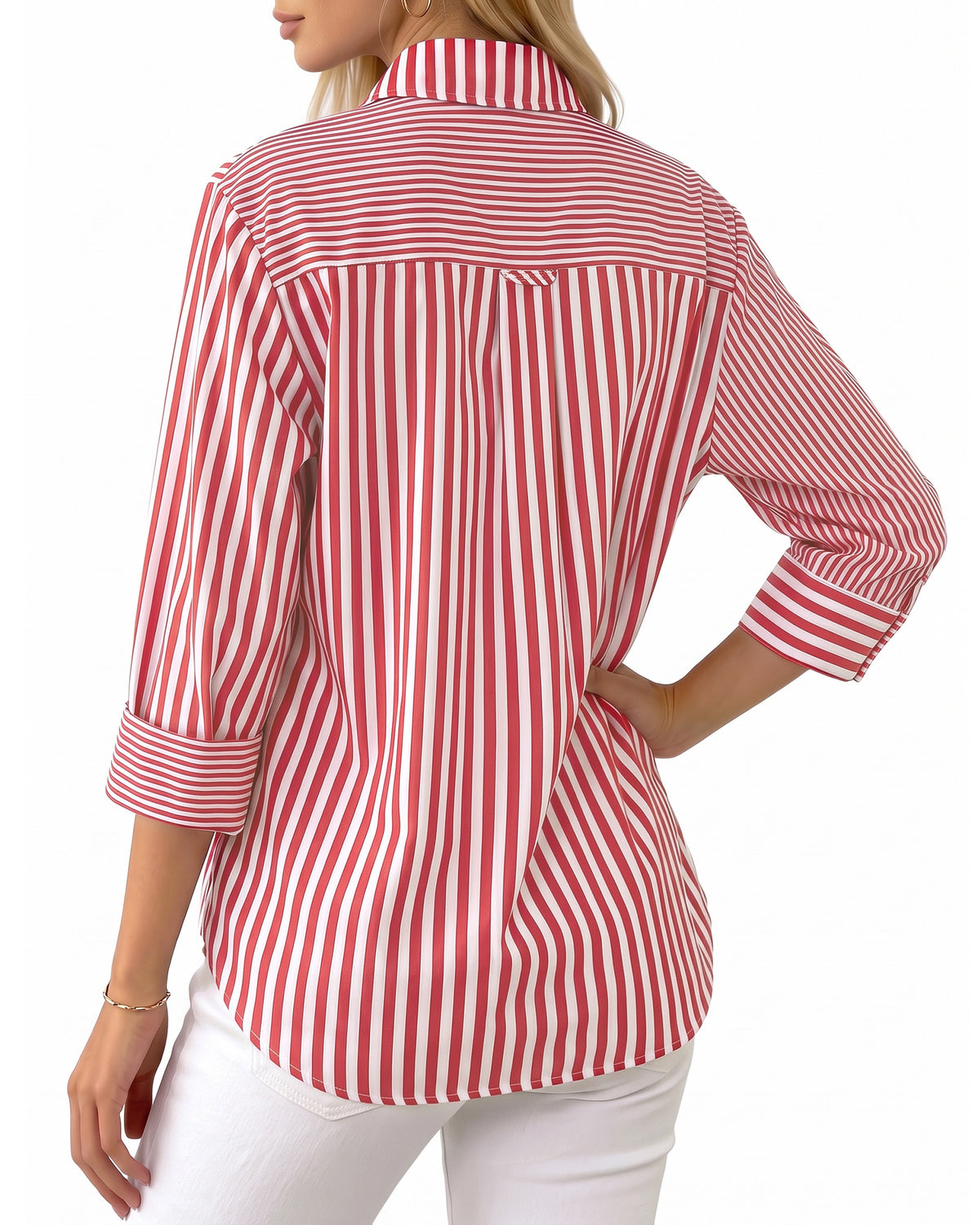 MANGOPOP Striped Button-Down Long-Sleeve Relaxed Fit Blouse Red-and-white