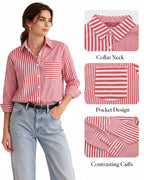 MANGOPOP Striped Button-Down Long-Sleeve Relaxed Fit Blouse Red-and-white