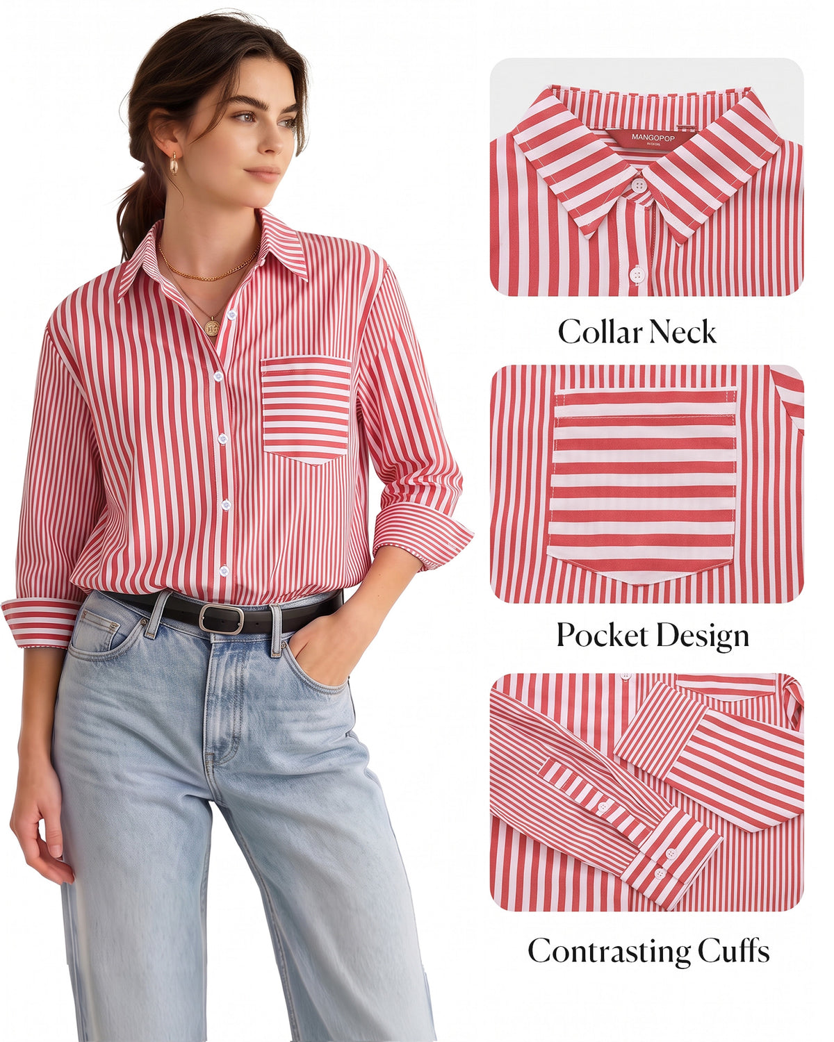 MANGOPOP Striped Button-Down Long-Sleeve Relaxed Fit Blouse Red-and-white