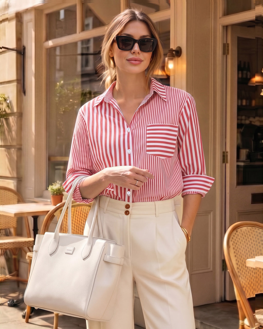 MANGOPOP Striped Button-Down Long-Sleeve Relaxed Fit Blouse Red-and-white