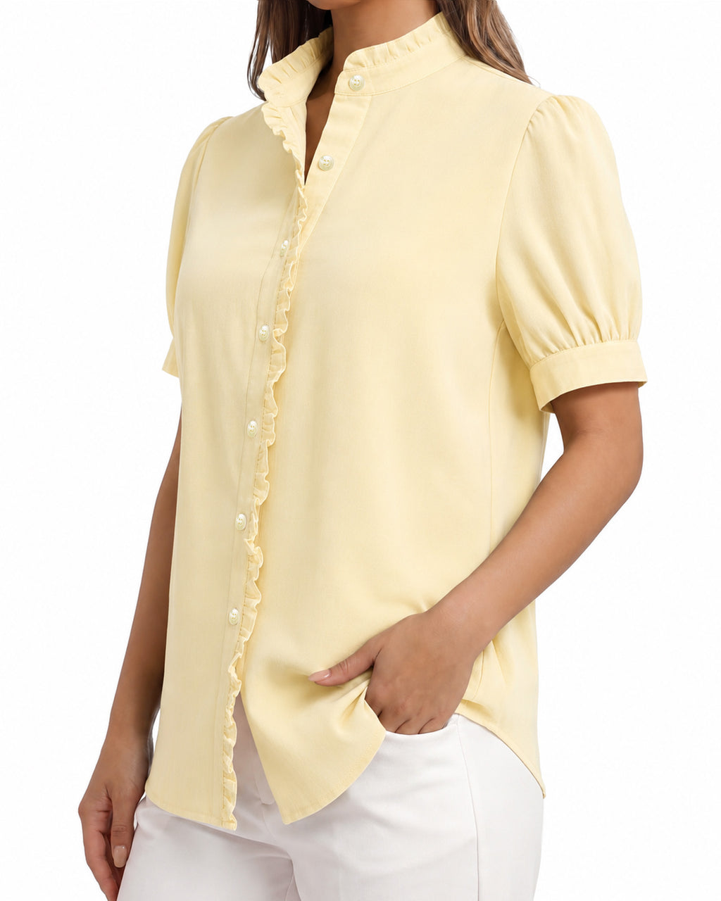 MANGOPOP Button-Down Puff Short-Sleeve Ruffle Blouse Yellow 2
