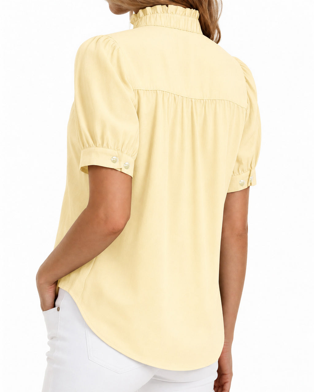 MANGOPOP Button-Down Puff Short-Sleeve Ruffle Blouse Yellow 3