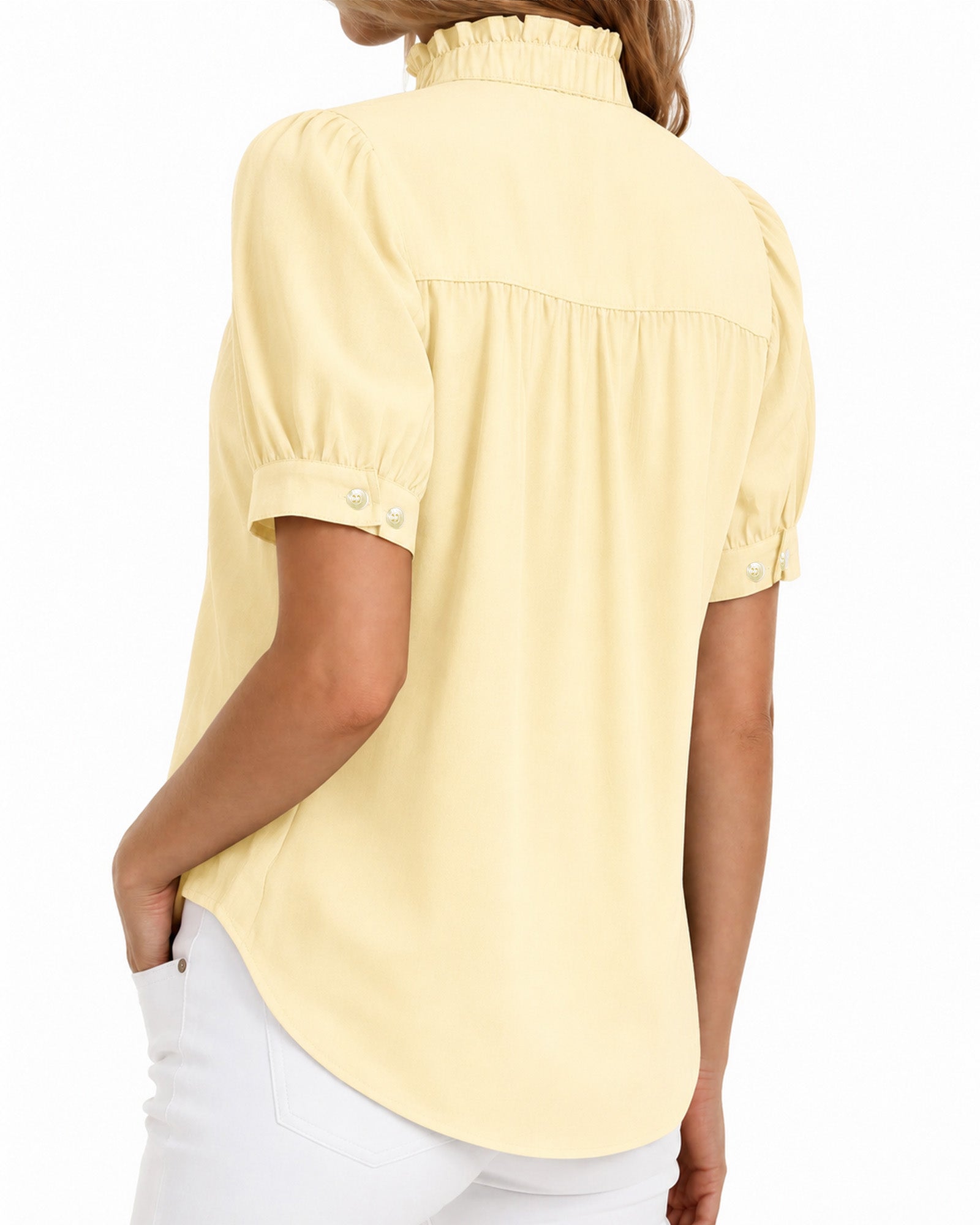 MANGOPOP Button-Down Puff Short-Sleeve Ruffle Blouse Yellow 3