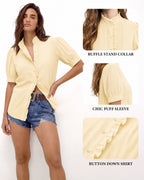 MANGOPOP Button-Down Puff Short-Sleeve Ruffle Blouse Yellow 4