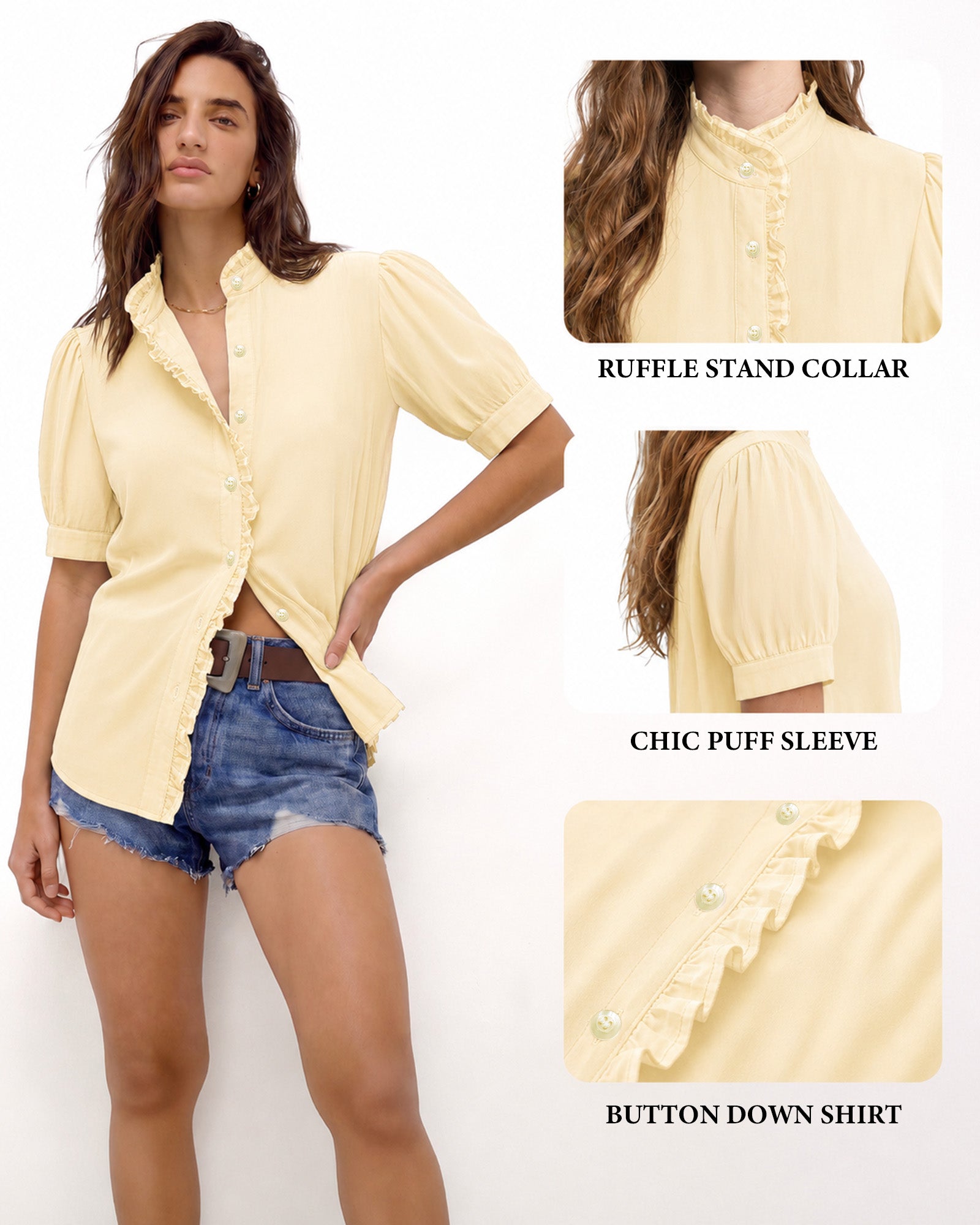 MANGOPOP Button-Down Puff Short-Sleeve Ruffle Blouse Yellow 4