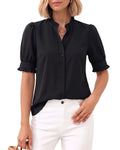 MANGOPOP Button-Down Puff Short-Sleeve Ruffle Blouse - Black