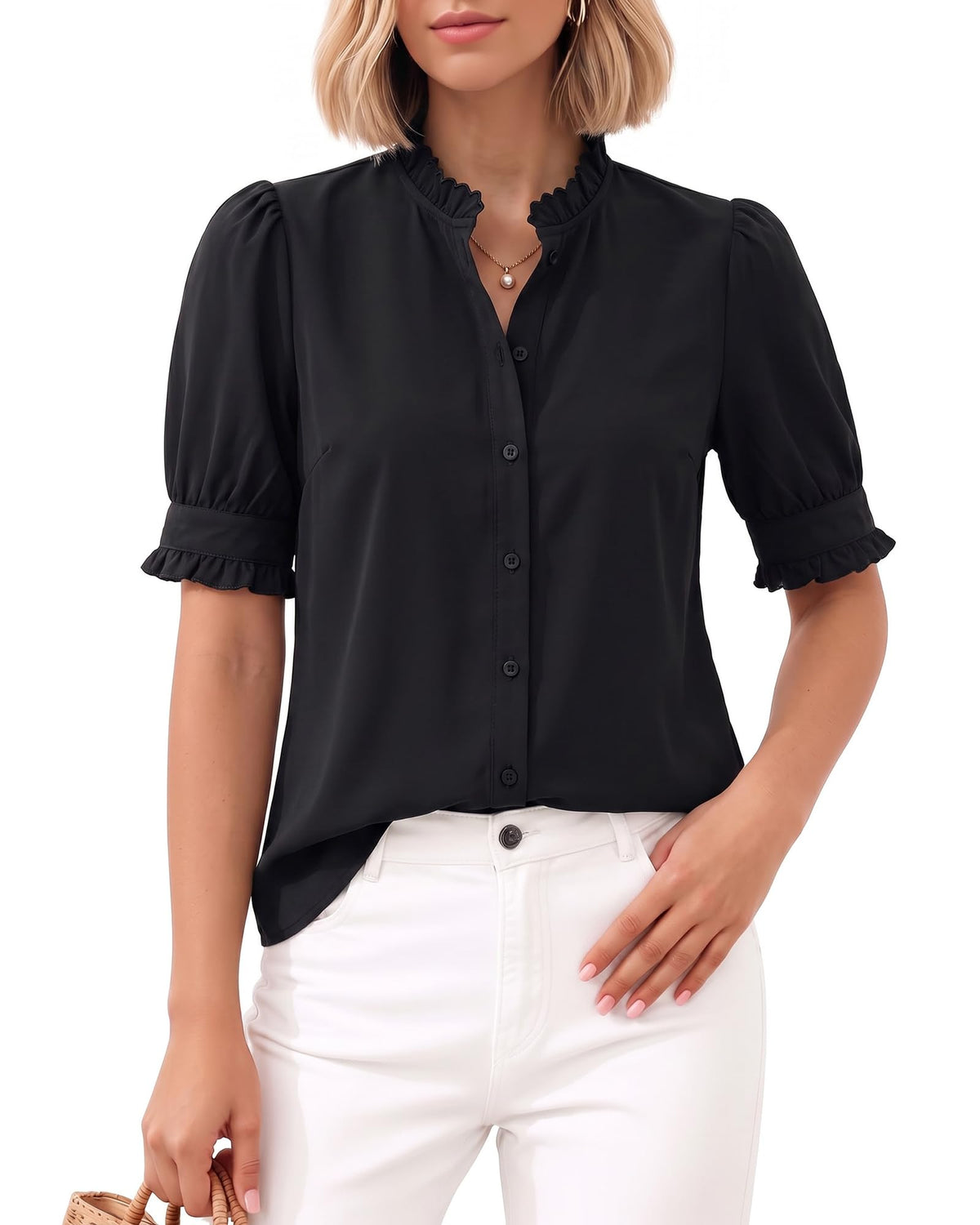 MANGOPOP Button-Down Puff Short-Sleeve Ruffle Blouse - Black