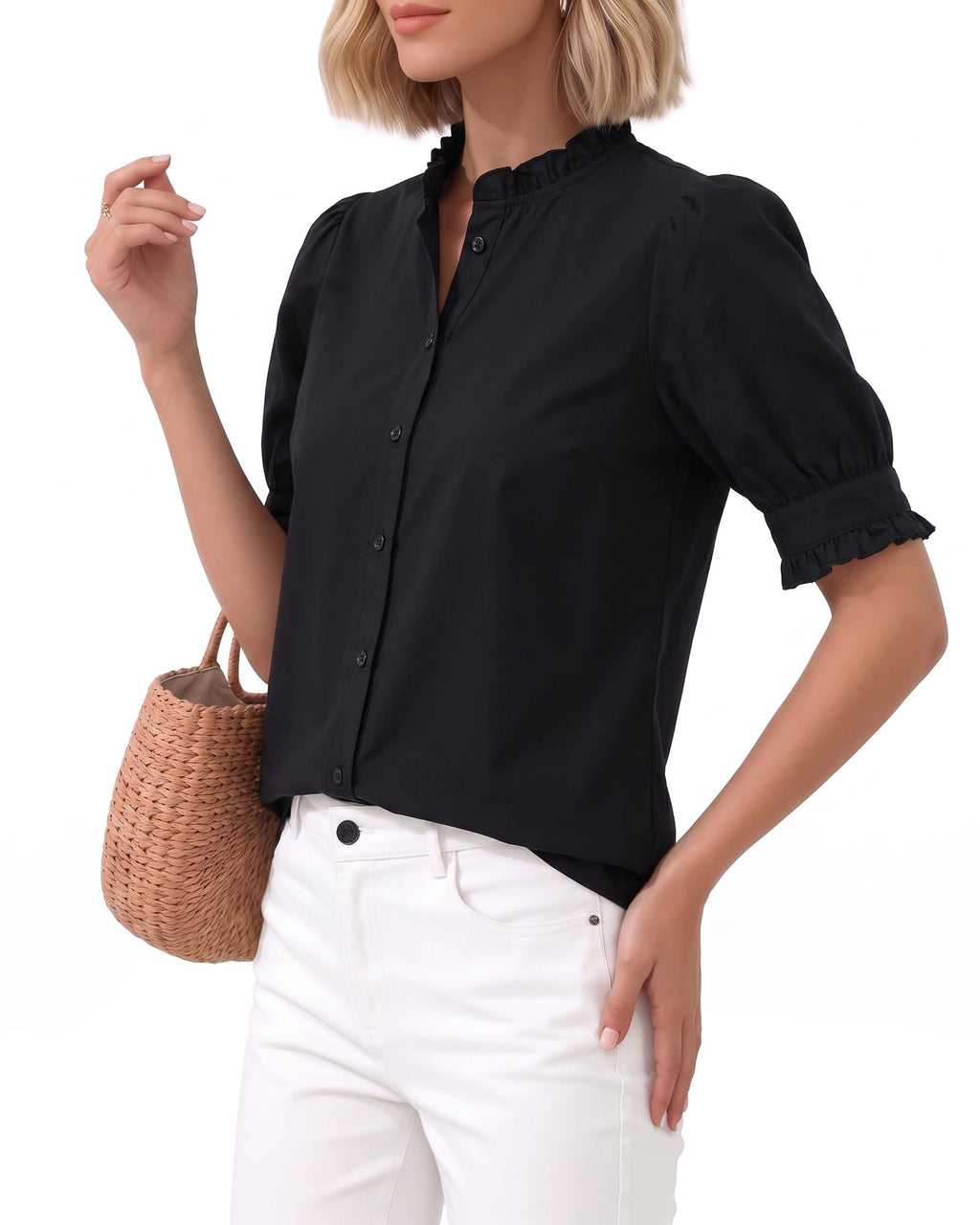 MANGOPOP Button-Down Puff Short-Sleeve Ruffle Blouse - Black