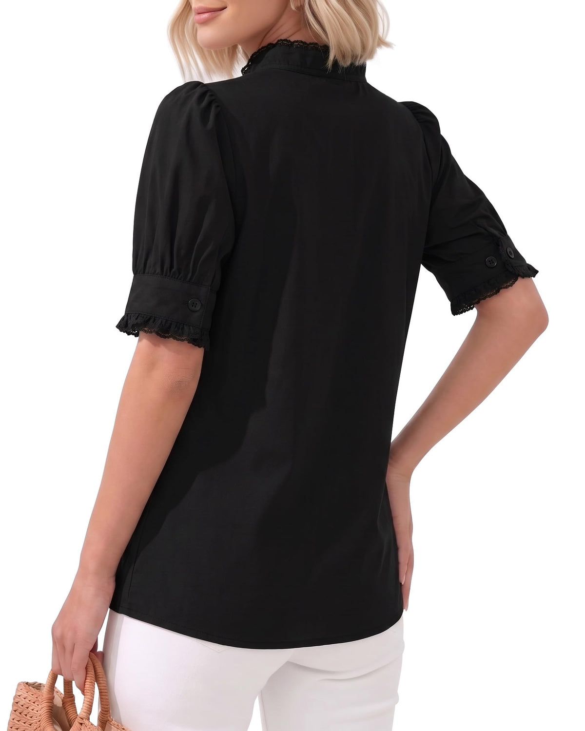 MANGOPOP Button-Down Puff Short-Sleeve Ruffle Blouse - Black