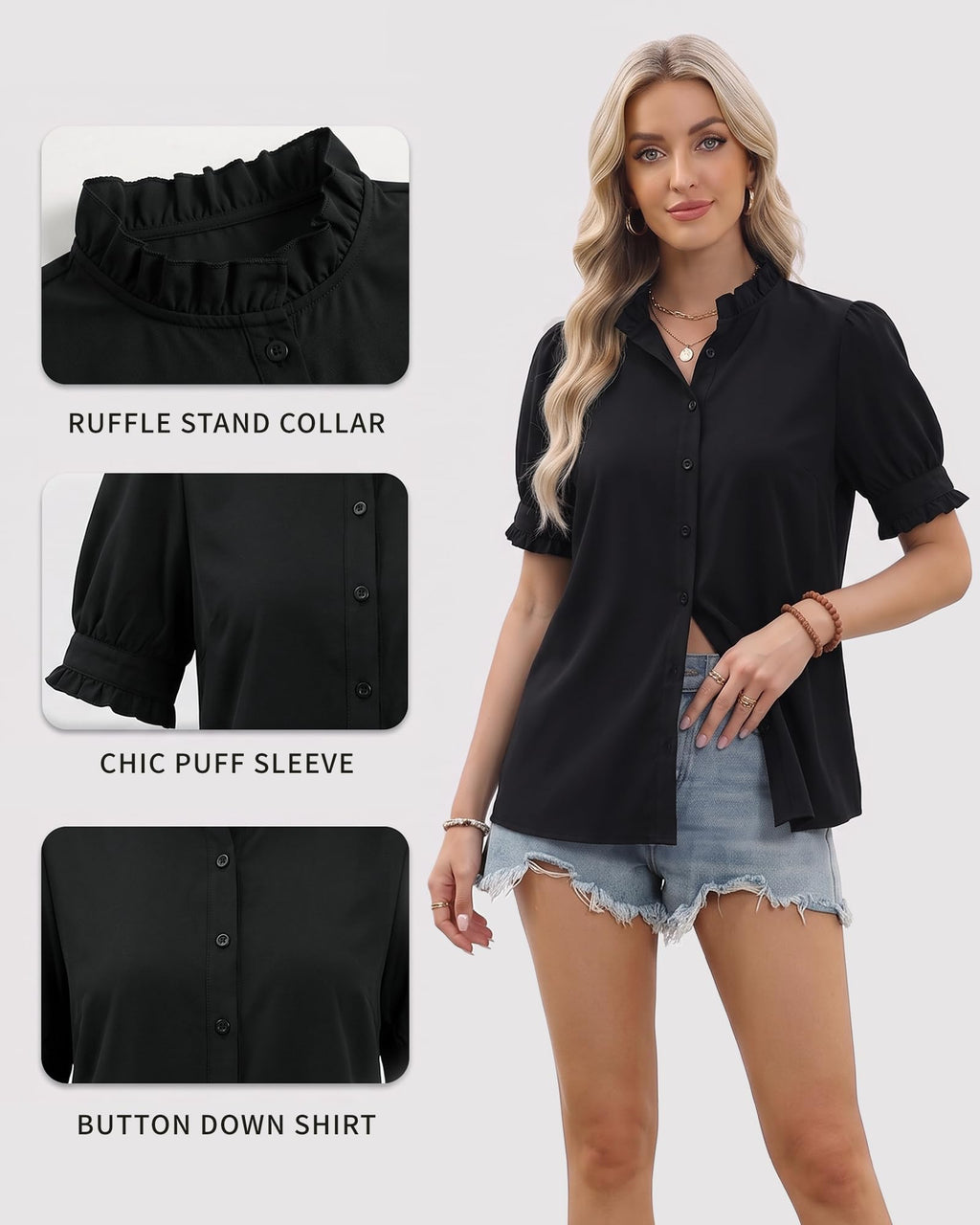 MANGOPOP Button-Down Puff Short-Sleeve Ruffle Blouse - Black