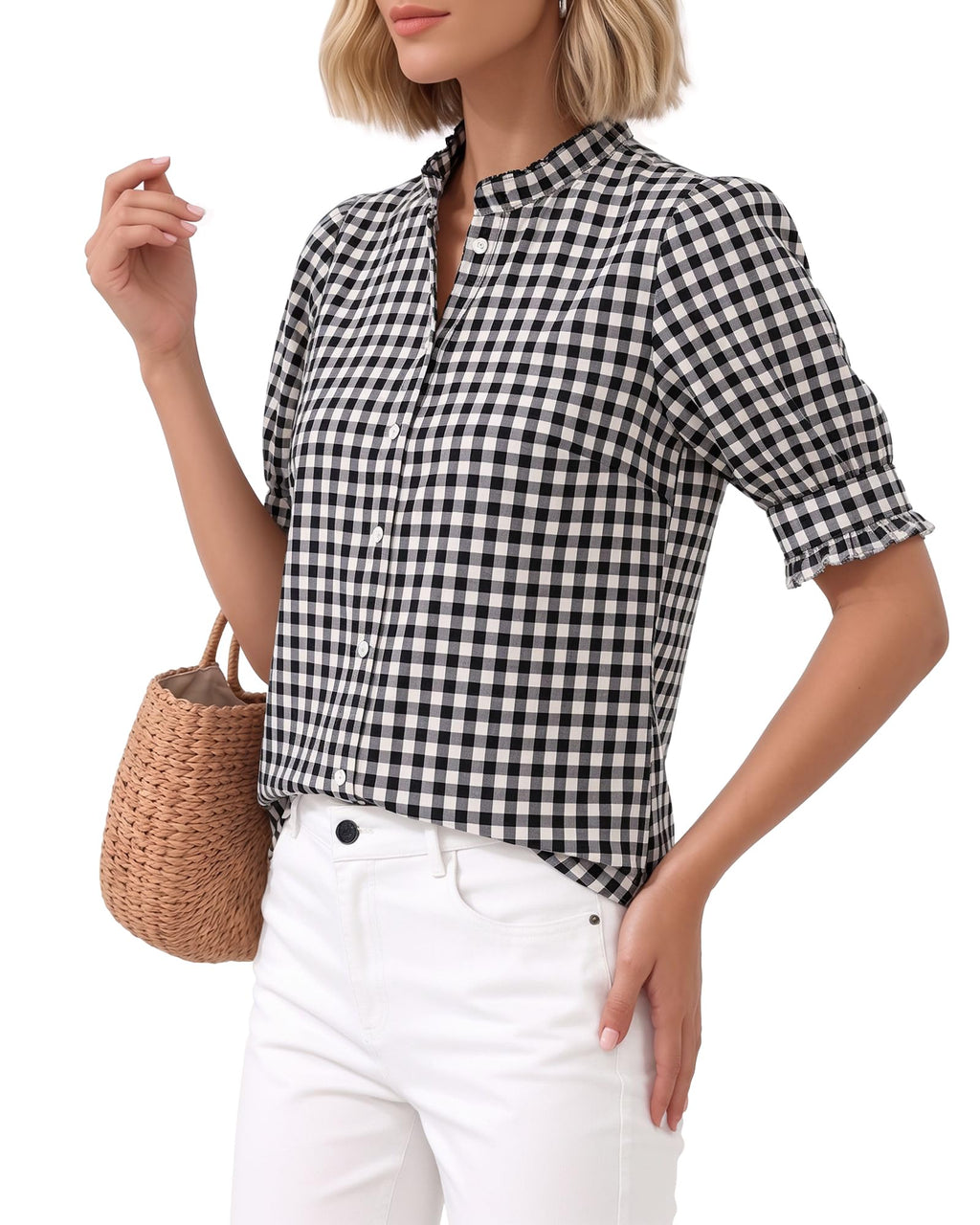 MANGOPOP Button-Down Puff Short-Sleeve Ruffle Blouse - Black and White Checkered