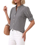 MANGOPOP Button-Down Puff Short-Sleeve Ruffle Blouse - Black and White Checkered