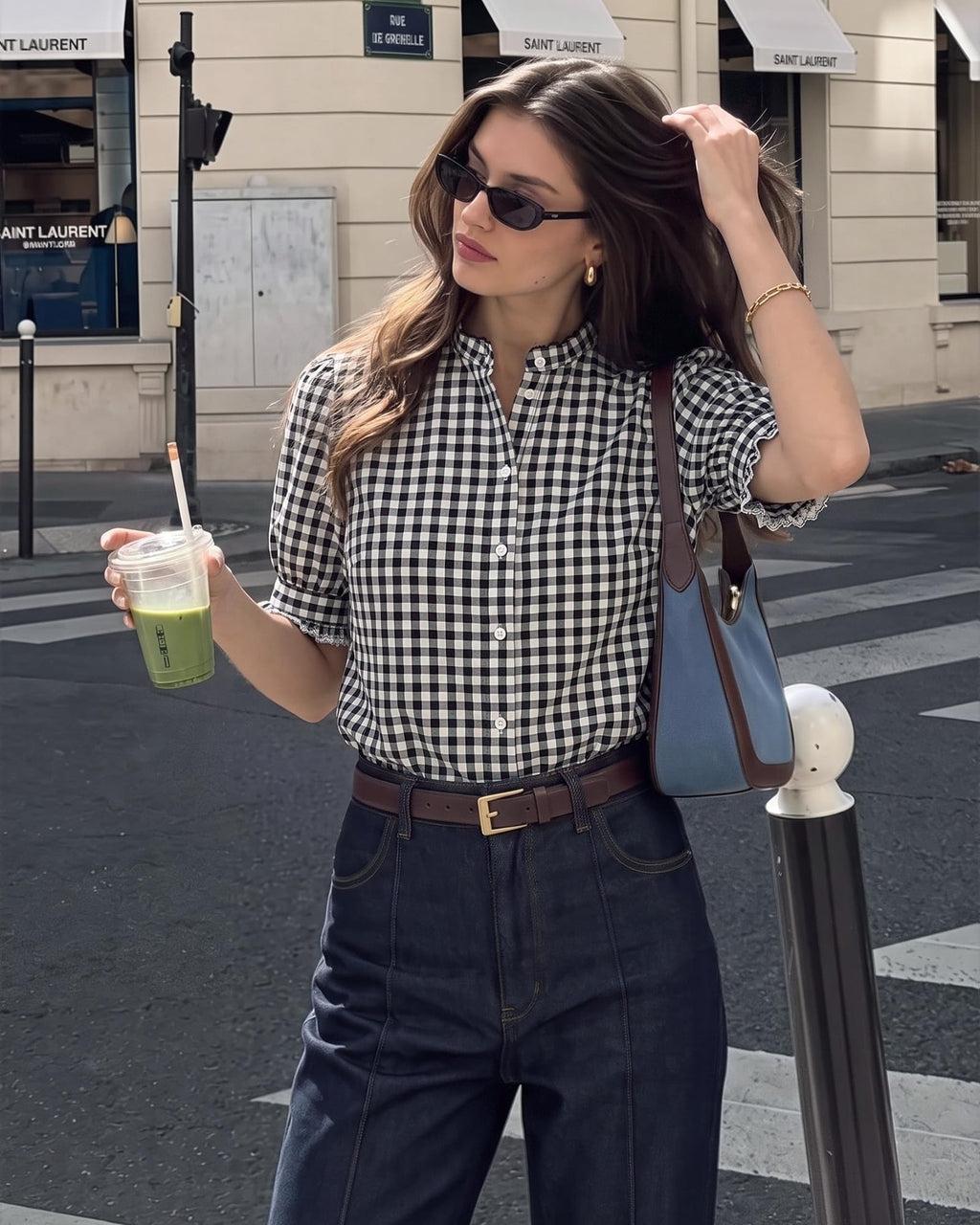 MANGOPOP Button-Down Puff Short-Sleeve Ruffle Blouse - Black and White Checkered