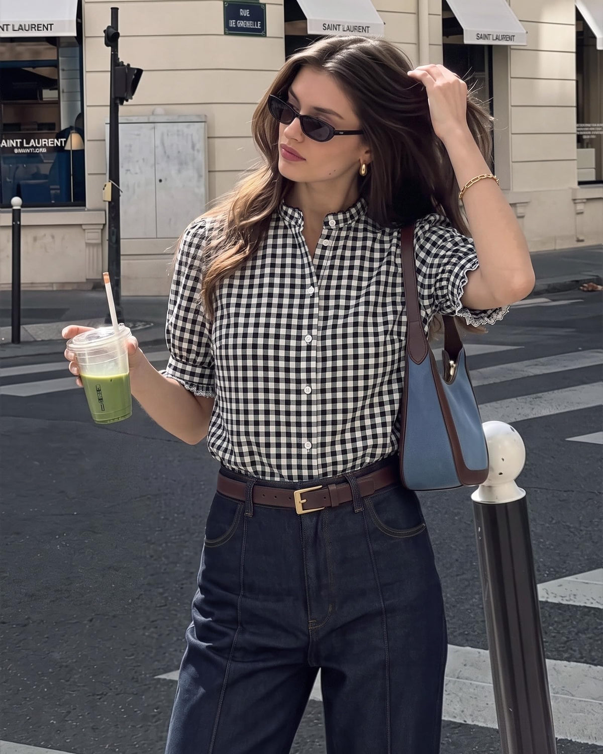 MANGOPOP Button-Down Puff Short-Sleeve Ruffle Blouse - Black and White Checkered
