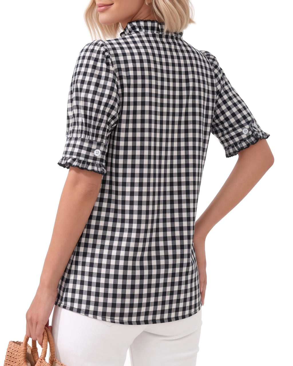 MANGOPOP Button-Down Puff Short-Sleeve Ruffle Blouse - Black and White Checkered