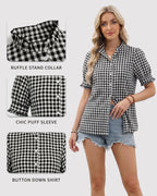 MANGOPOP Button-Down Puff Short-Sleeve Ruffle Blouse - Black and White Checkered