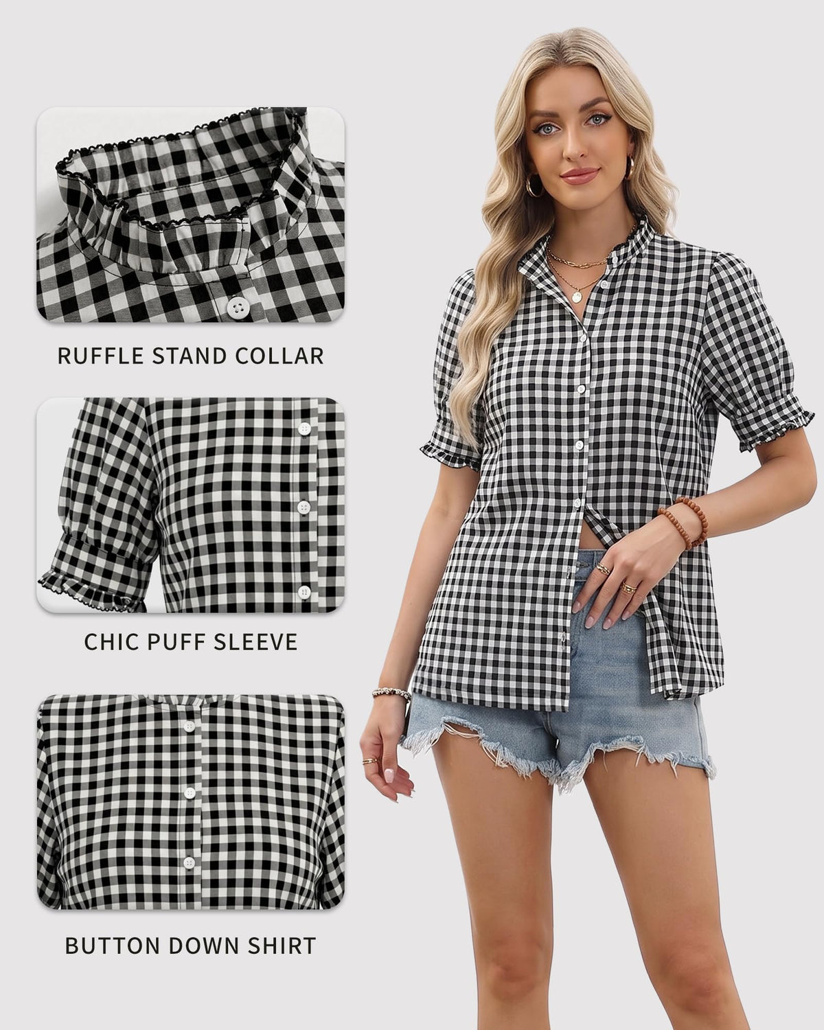 MANGOPOP Button-Down Puff Short-Sleeve Ruffle Blouse - Black and White Checkered