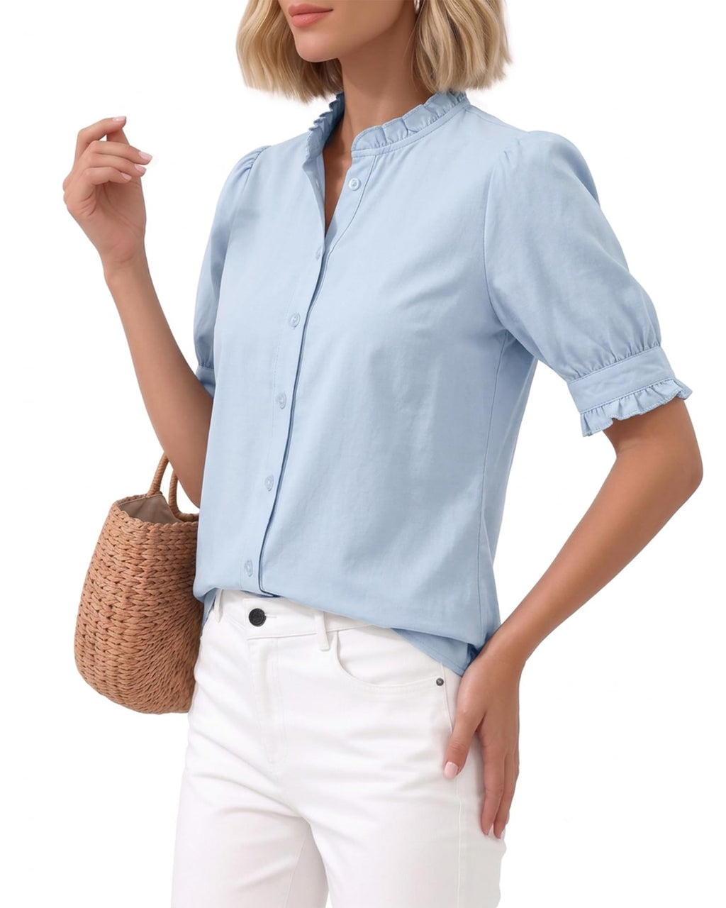 MANGOPOP Button-Down Puff Short-Sleeve Ruffle Blouse - Sky Blue
