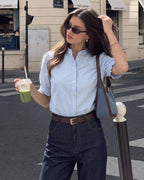 MANGOPOP Button-Down Puff Short-Sleeve Ruffle Blouse - Sky Blue