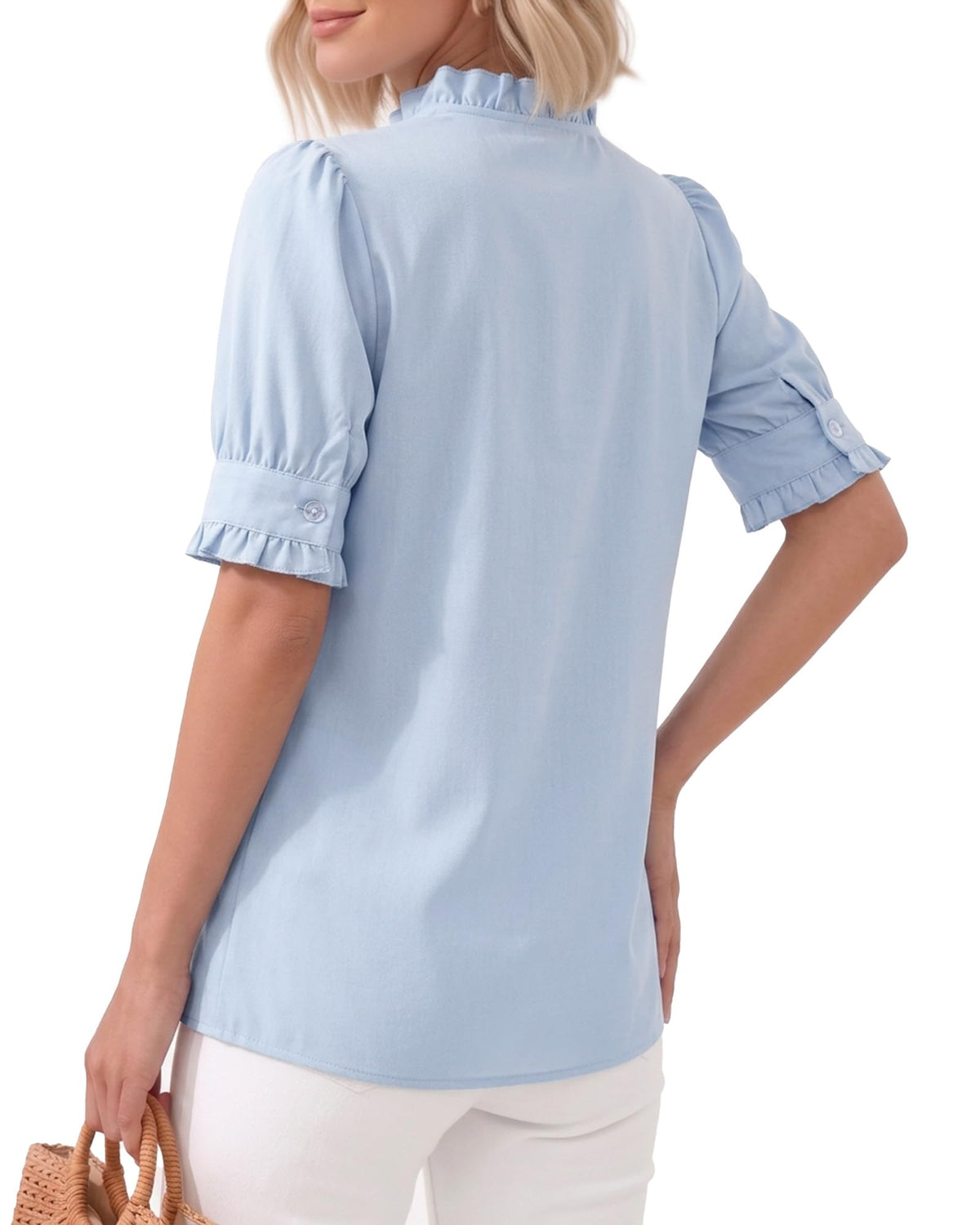 MANGOPOP Button-Down Puff Short-Sleeve Ruffle Blouse - Sky Blue
