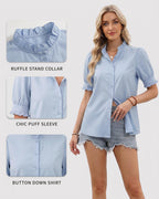 MANGOPOP Button-Down Puff Short-Sleeve Ruffle Blouse - Sky Blue