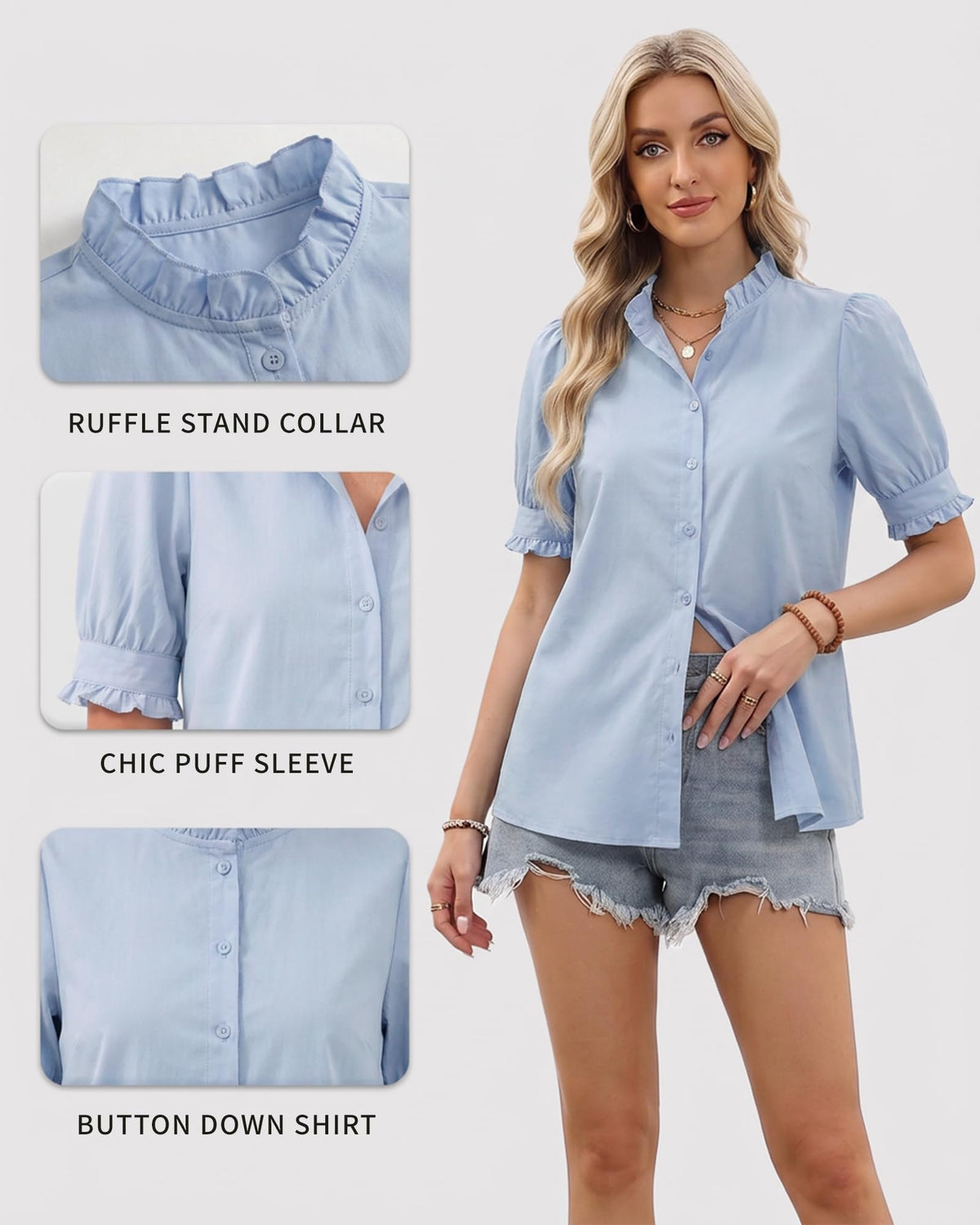 MANGOPOP Button-Down Puff Short-Sleeve Ruffle Blouse - Sky Blue
